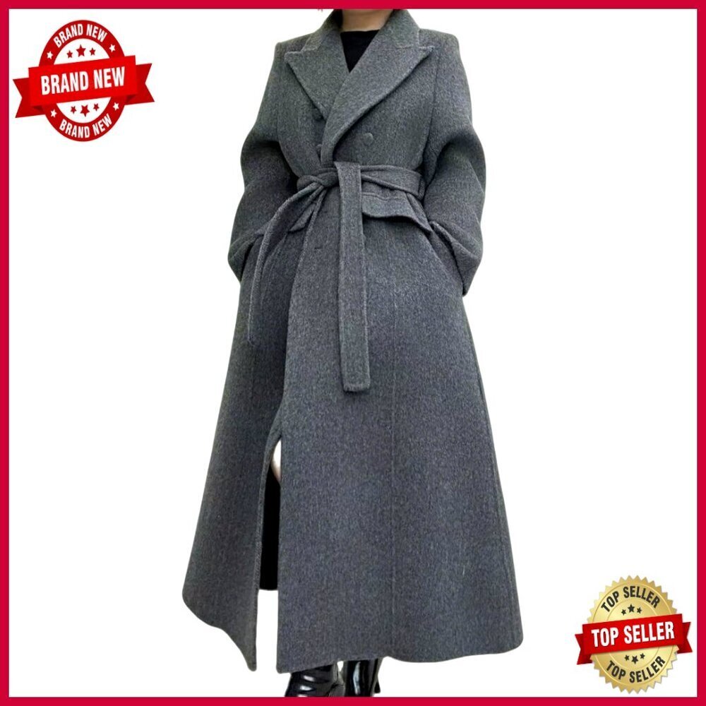 Long Wool Pea Coat Double Breasted Trench Belted Mid-Calf Winter
